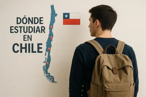 Estudiante con mochila mirando un mapa de Chile en la pared.