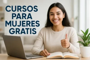 Mujer sonriente estudiando en línea.