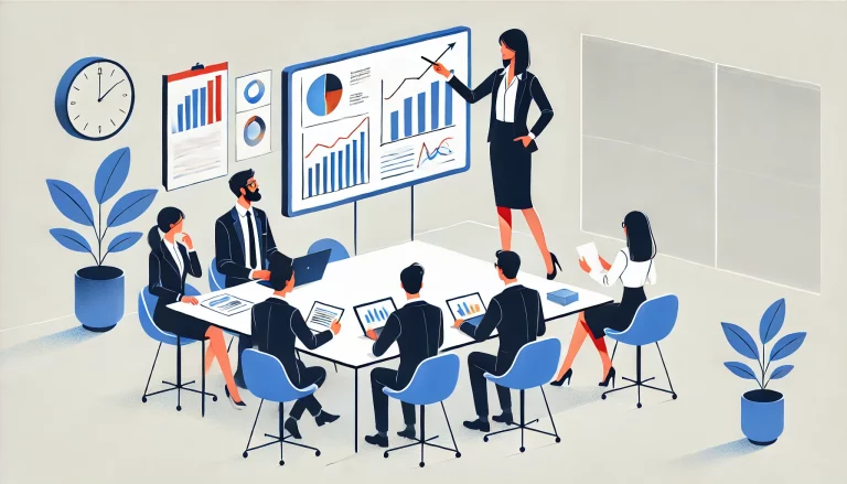 Una ejecutiva de negocios presenta un análisis de datos y gráficos de crecimiento a su equipo en una moderna sala de reuniones, ilustrando los resultados de una buena gestión empresarial.