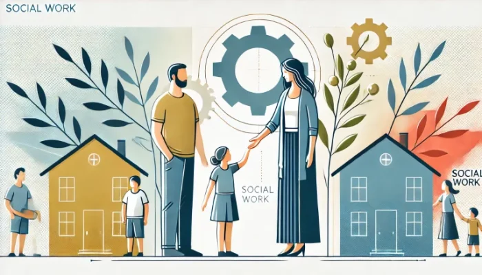 Ilustración de trabajo social uniendo familias a sistemas de apoyo comunitarios y estructurales.