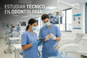 Técnico en Odontología, con mención en Higienista Dental, realizando una limpieza a un paciente en una clínica moderna en Chile.