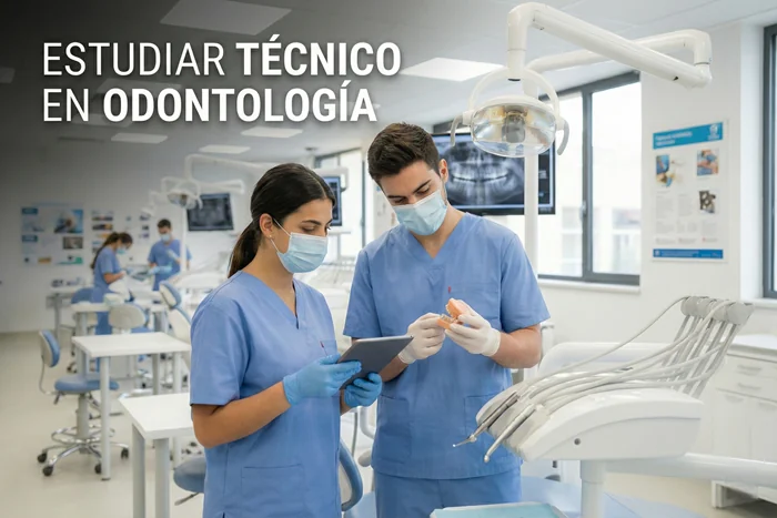 Técnico en Odontología, con mención en Higienista Dental, realizando una limpieza a un paciente en una clínica moderna en Chile.